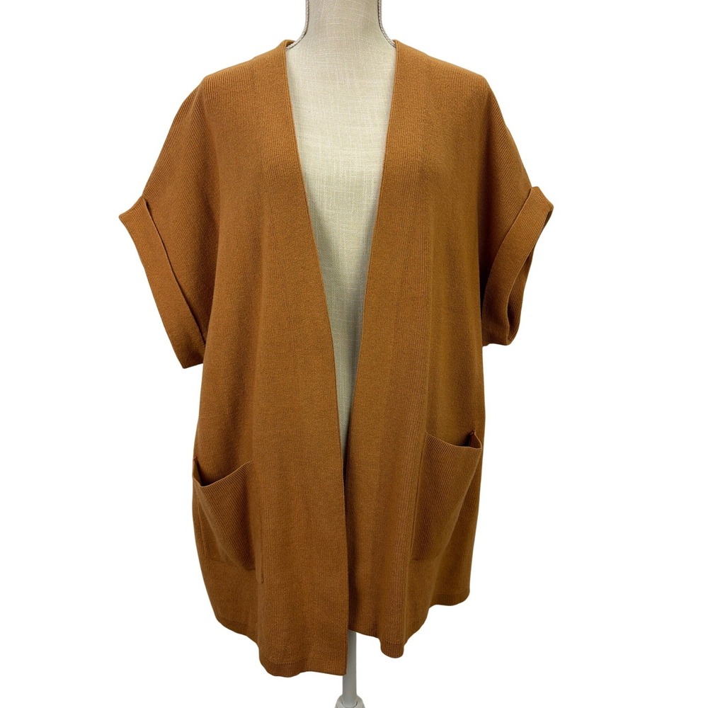 J. Jill Brown Short Sleeve Open Long Sweater Cardigan LP Pockets Soft